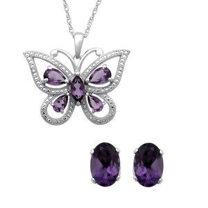 SS Simulated Amethyst & CZ Butterfly Pendant on 18" Chain with Earring Set